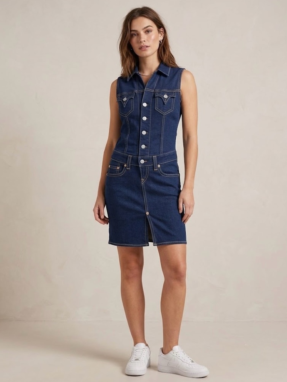 Levi’s Type 1 Jean Dress Sleeveless Dark Blue Denim Dress - Classic Button-Front - Picture 1 of 6